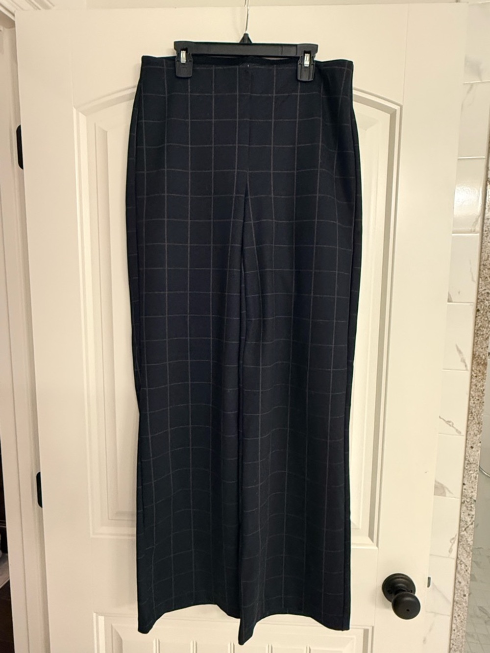 Windowpane Wide Leg Trousers - Black with Subtle Tan Grid